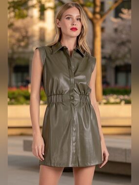 Elan Olive Green Sleeveless Faux Leather Mini Dress
